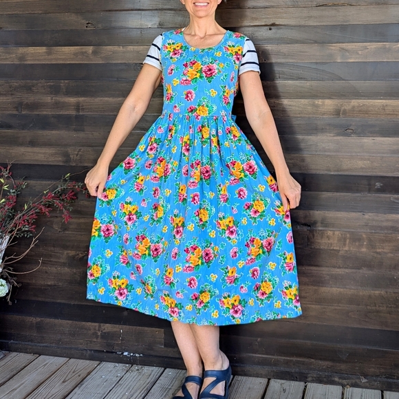 vintage FLORAL COTTON DRESS 1980's midi M - Picture 5 of 11